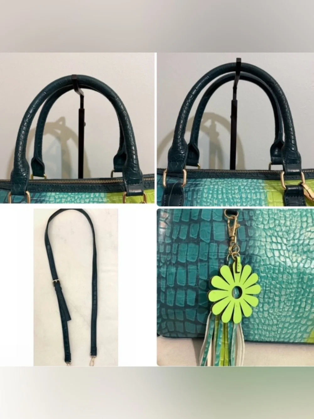 Teal Lime Ombre Croc Embossed Satchel Crossbody Bag Faux Leather